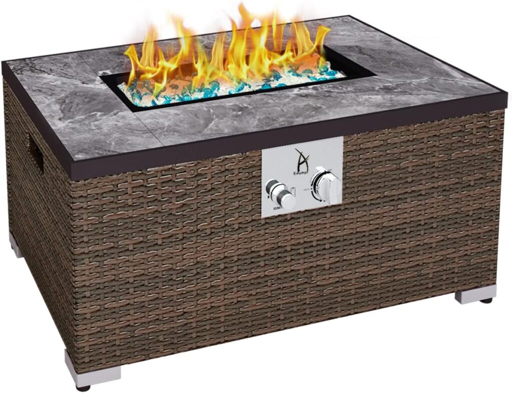 AJ Enjoy 32 Outdoor Low Profile Fire Table, Marble Tile Ceramic Tabletop, 50,000 BTU Fire Table with Brown Wicker, Mix Color Glass Rocks, Including LidCover, Fits 20lb Tank Outside, Rectangle