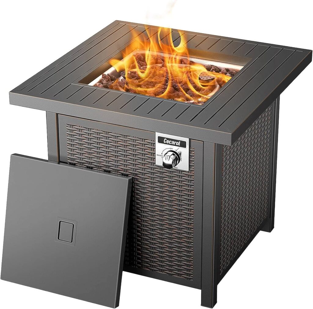 Cecarol Propane Fire Table, Outdoor Fire Pit Table with Lid and Lava Rock, Auto-Ignition 50000 BTU with ETL-Certified, 2-in-1 Steel Fire Table (28In, Black)