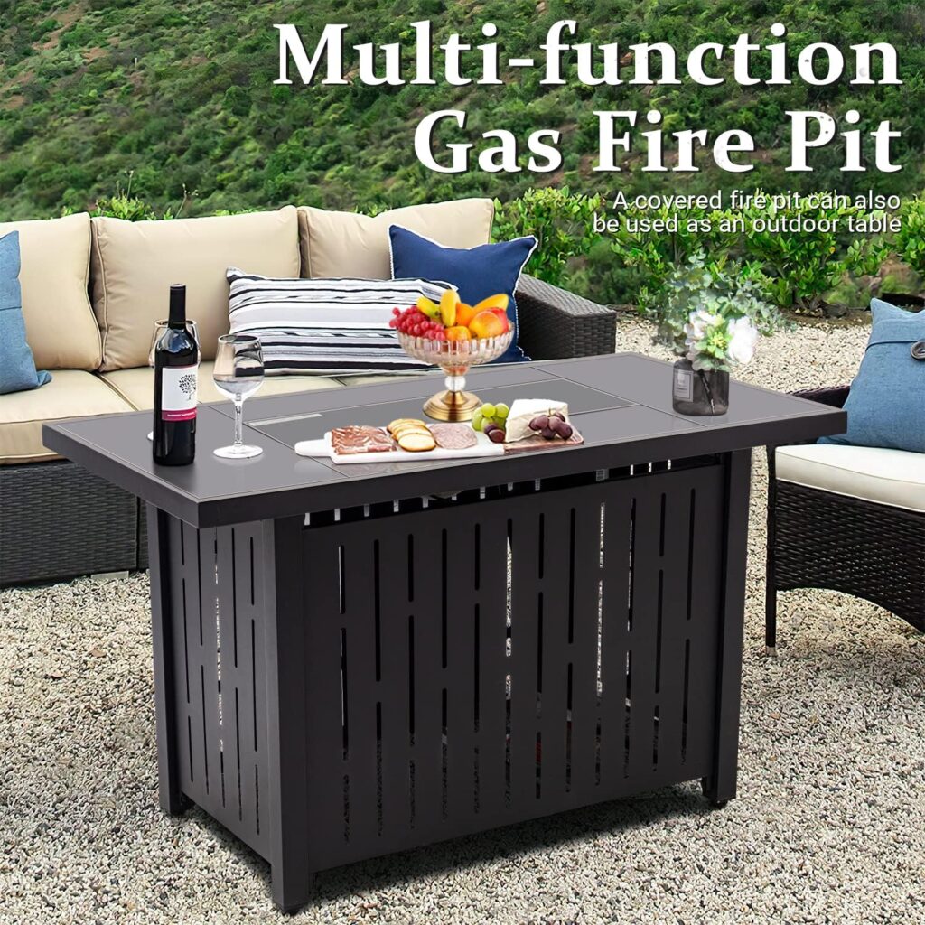 Greesum 43 Inch Outdoor Gas Fire Pit Table, 50,000 BTU Steel Propane Firepit with Wind Guard and Blue Glass Rock, Add Warmth and Ambience to Parties On Patio Garden Backyard, Black