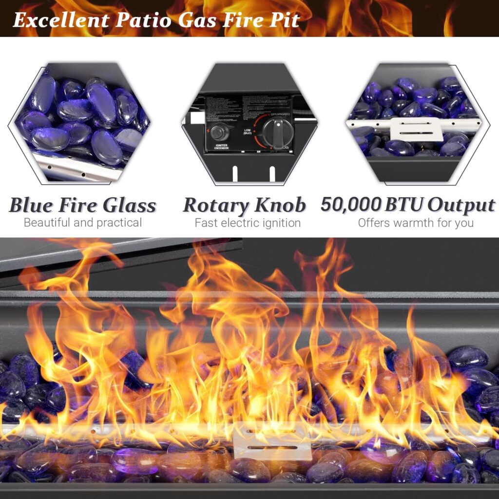Greesum 43 Inch Outdoor Gas Fire Pit Table, 50,000 BTU Steel Propane Firepit with Wind Guard and Blue Glass Rock, Add Warmth and Ambience to Parties On Patio Garden Backyard, Black