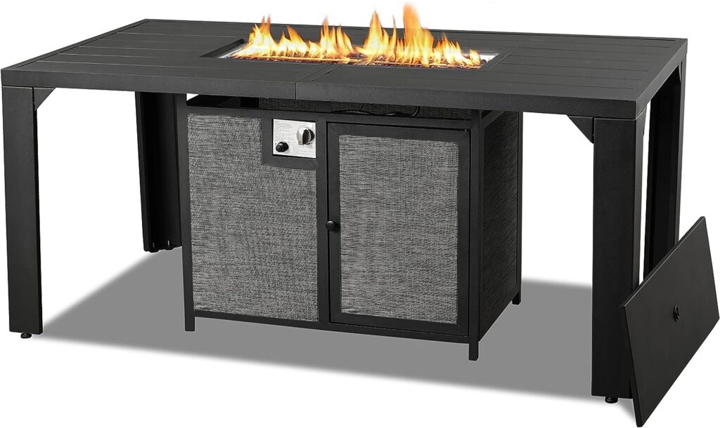 Pizzello Outdoor Fire Pit Dining Table 62.5 Aluminum Rectangular Propane Dining Patio Table with Firepit Dining Height Gas Fire Pit Table, Black (50009BK-0901)