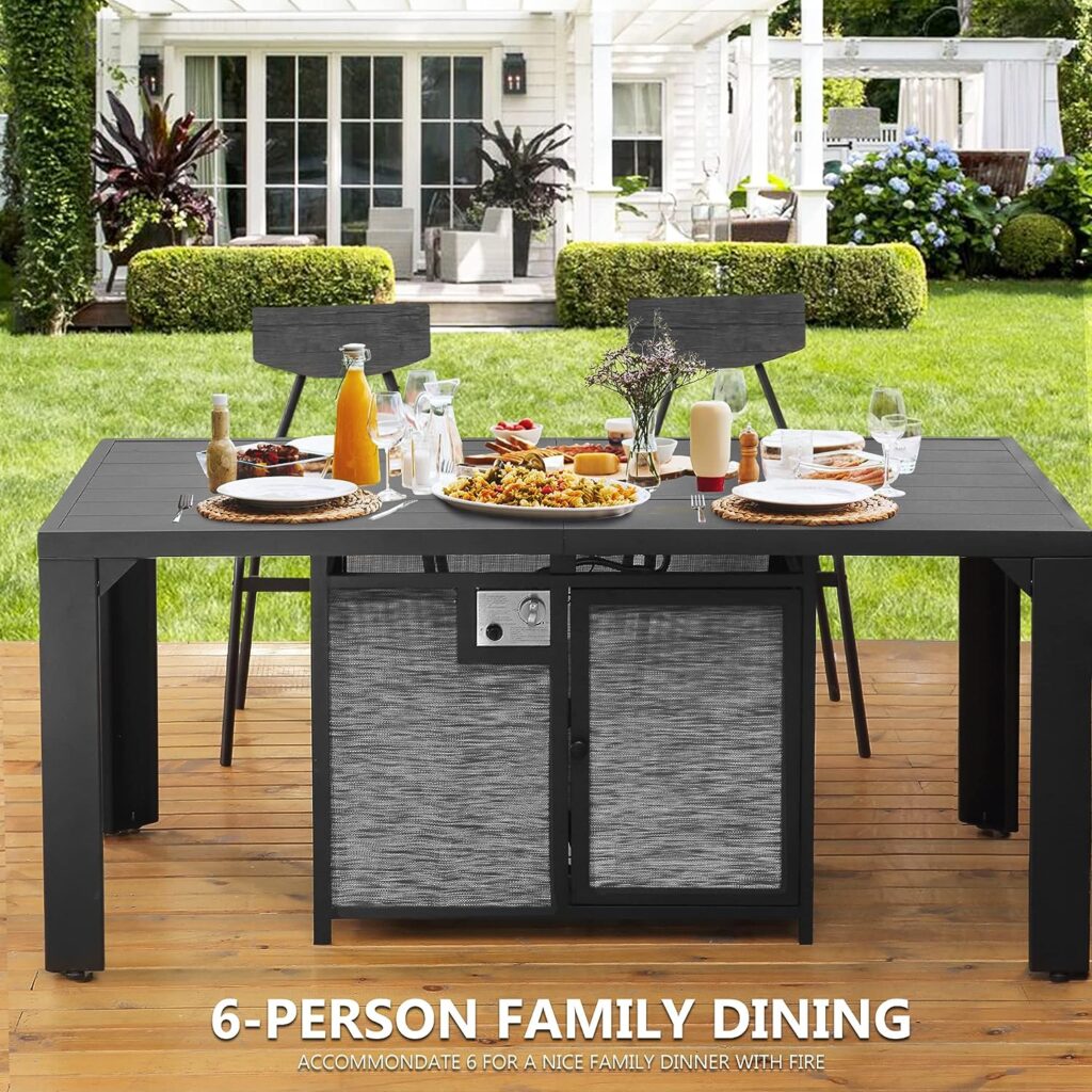 Pizzello Outdoor Fire Pit Dining Table 62.5 Aluminum Rectangular Propane Dining Patio Table with Firepit Dining Height Gas Fire Pit Table, Black (50009BK-0901)