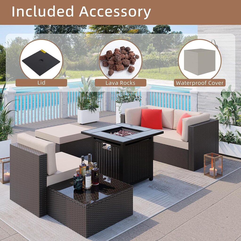 Shintenchi 30 Inch Propane Fire Pit Table Outdoor 50,000 BTU Steel Gas Fire Pit with Lid and Lava Rock, Outside Furniture with Waterproof Cover and Rattan Pattern for Patio, Backyard, Party