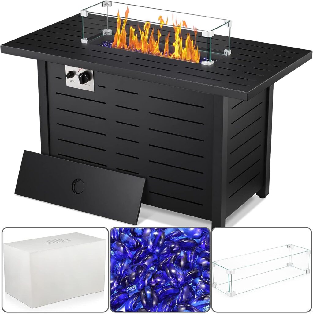Xbeauty Fire Pit Propane Gas FirePit Table 43 Outdoor Fire Pit Rectangular Tabletop with Lid, Rain Cover, Tempered Glass Wind Guard for Outside Garden Backyard Deck Patio (Square)