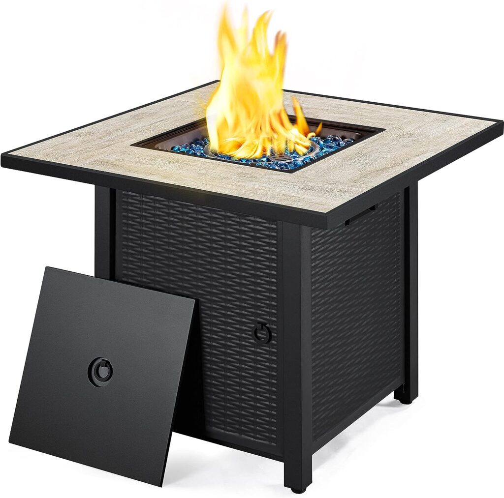 Yaheetech 30 Propane Gas Fire Pit Table 50,000 BTU Square Gas Fire Table with Ceramic Tabletop and Blue Fire Glass, Outdoor Fire Pit Table for Outside/Patio with Rattan Pattern Steel Base/Lid, Black