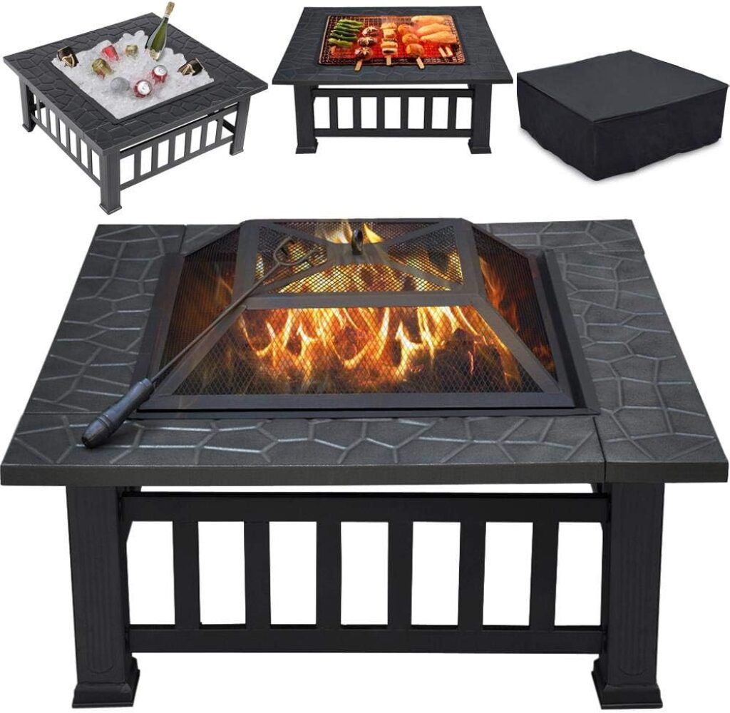 Yaheetech Multifunctional Fire Pit Table 32in Square Metal Firepit Stove Backyard Patio Garden Fireplace for Camping, Outdoor Heating, Bonfire and Picnic